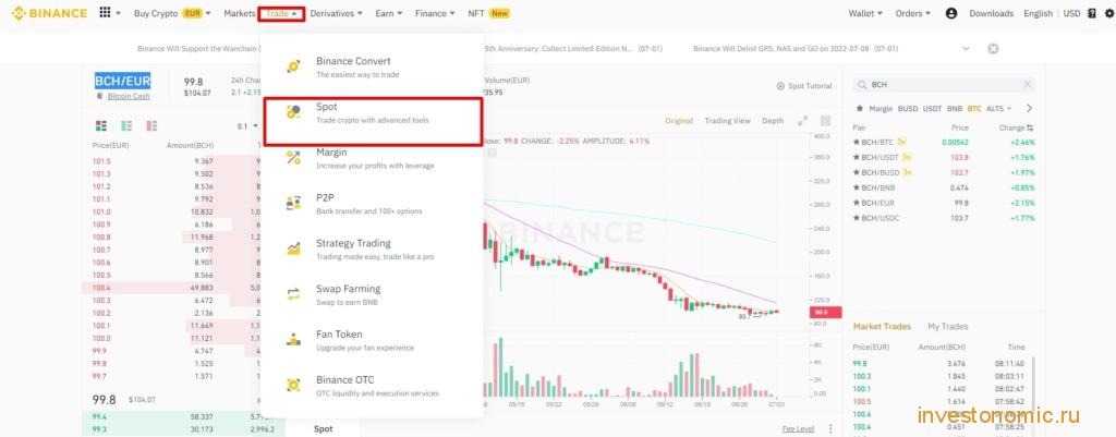 Начала торговли на спотовом рынке Binance