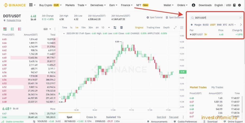 Торговля в паре DOT/USDT на спотовом рынке Binance