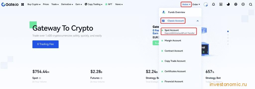 Расположение строки Spot Account